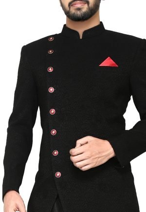 Wedding Plain Black Jacquard Self Design Jodhpuri Suit-Exporters in India