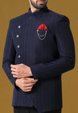 Wedding Plain Black Jacquard Self Design Jodhpuri Suit-Exporters in India