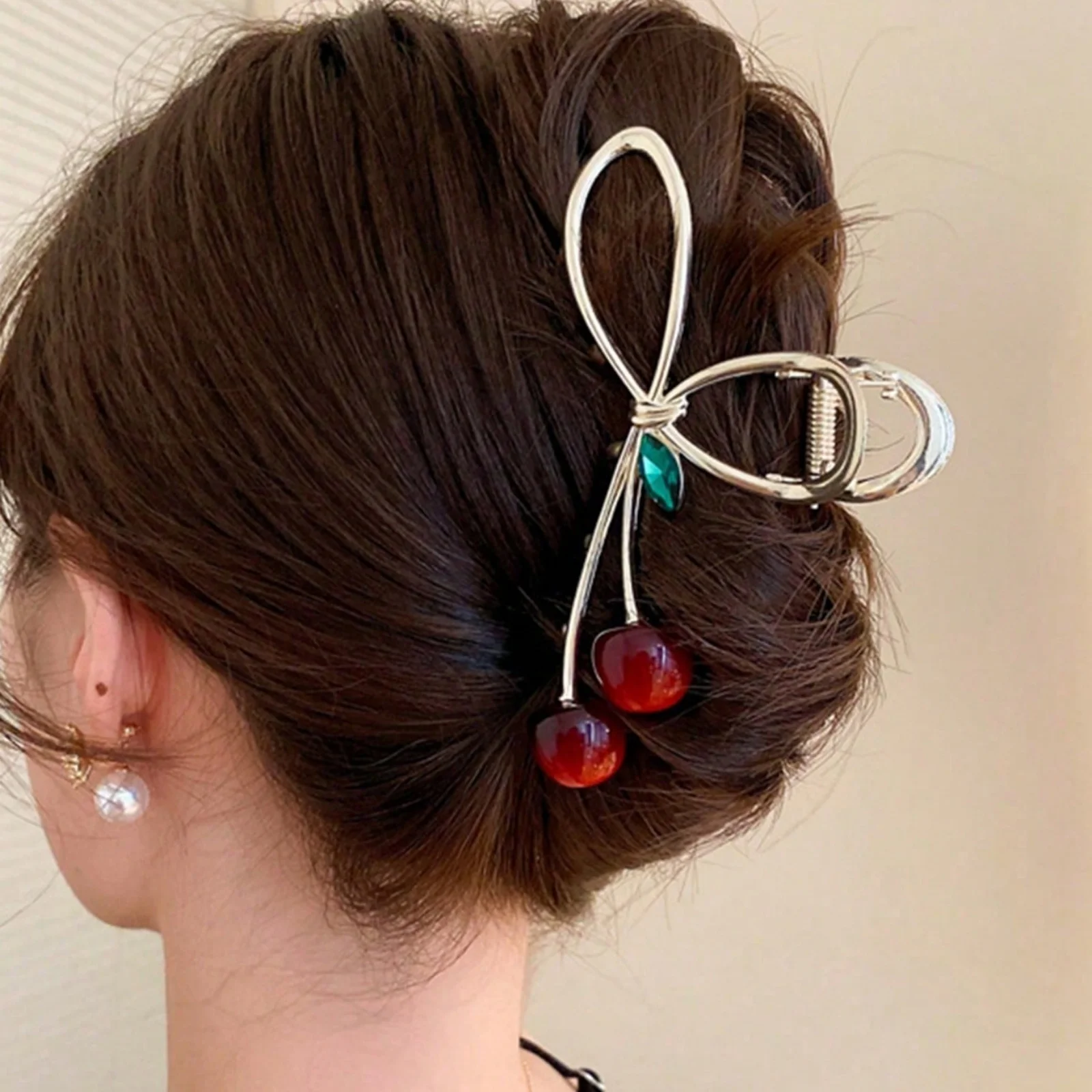 1PC Large-Size Cherry-Shaped Claw Clip, Fashionable Women's Claw Clip Hair Accessory Hair Clips, Hair Claws, Bohemian Zinc Alloy